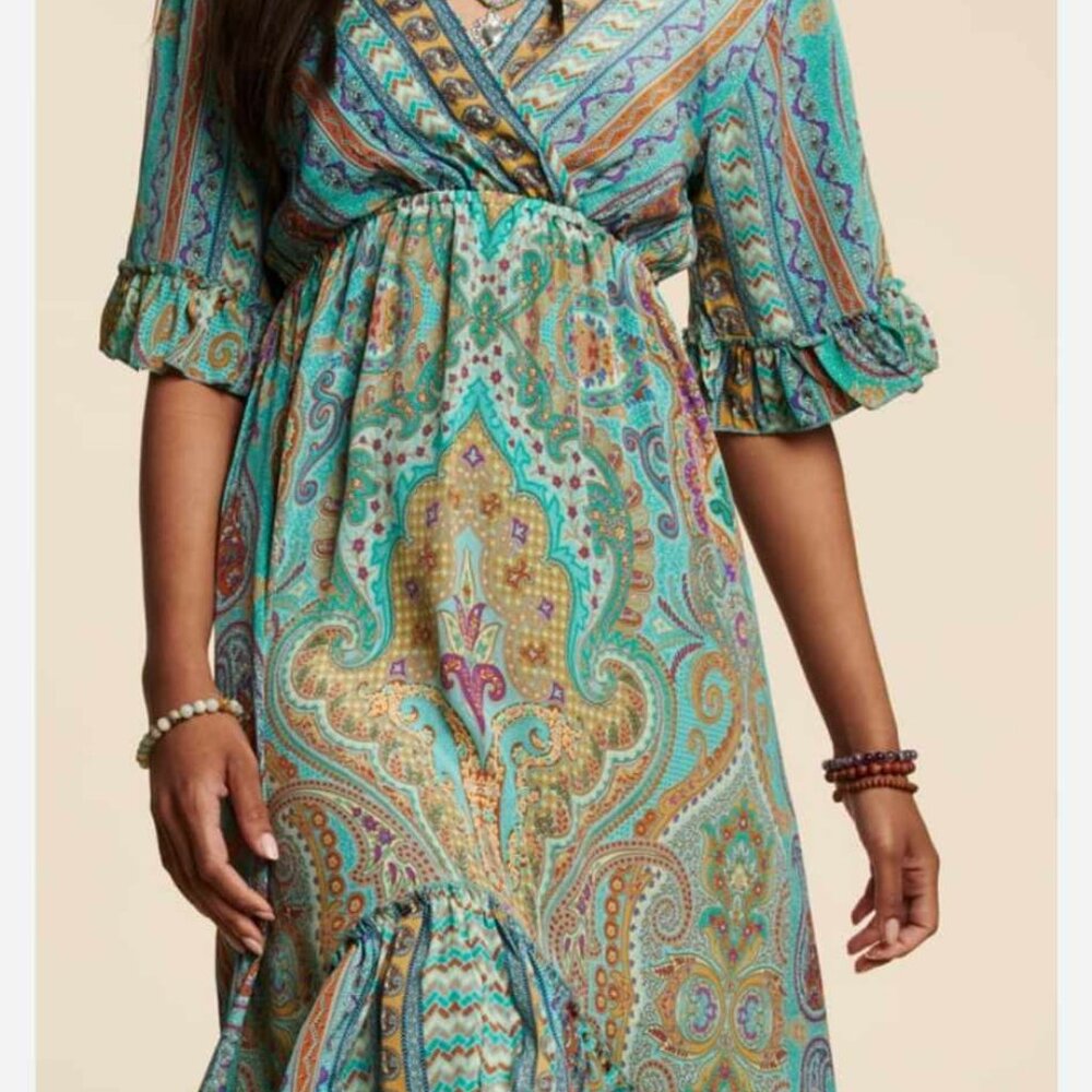 Earthbound Turqouise Green Blue Boho Ruffle Maxi Dress M - Picture 2 of 9